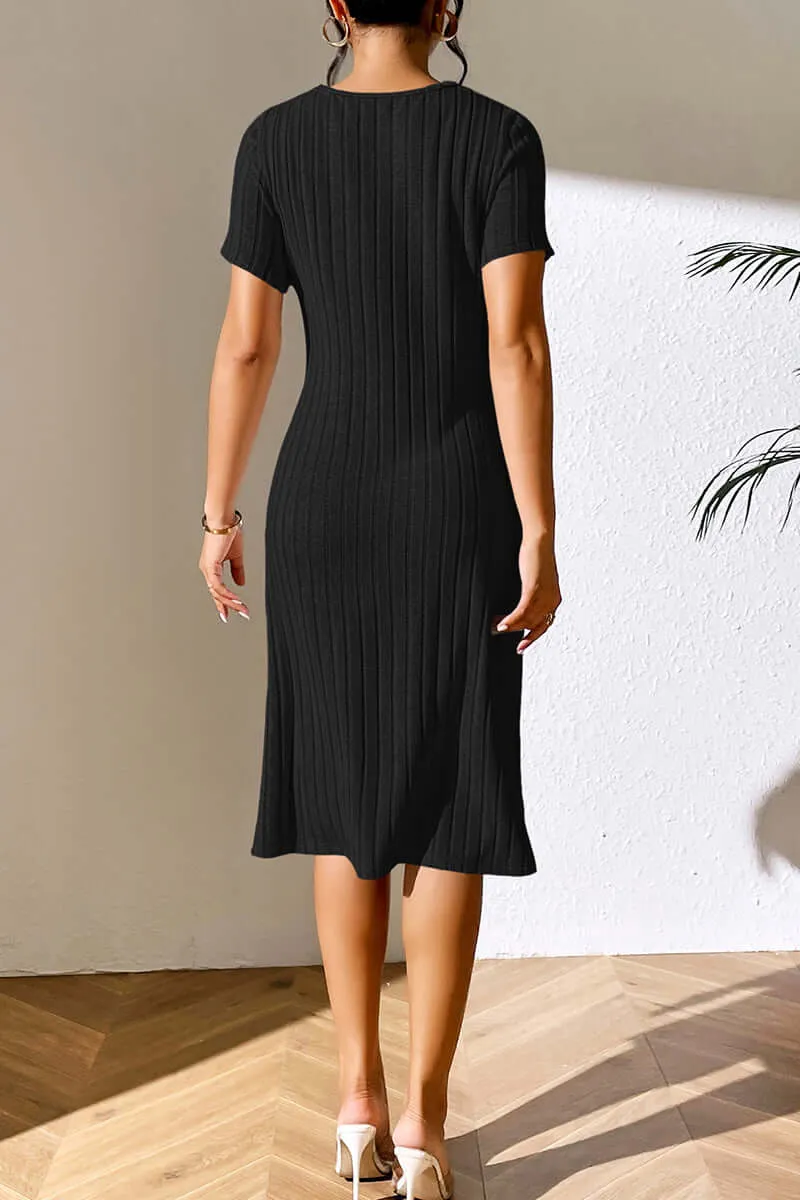 Ivy Lane Ribbed Asymmetrical Neck Short Sleeve Dress