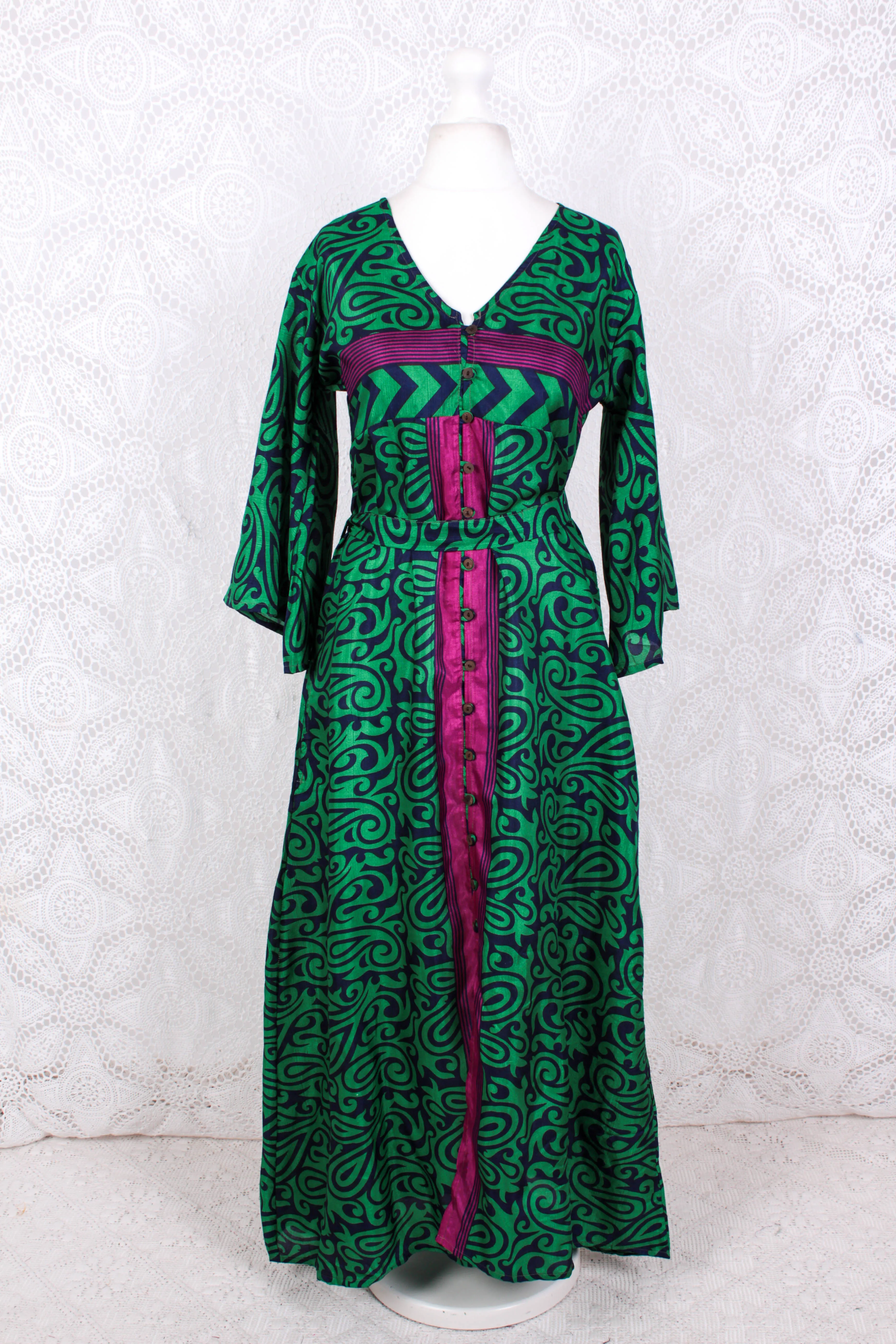 Jasmine Maxi Dress - Bright Emerald, Navy & Fuchsia Paisley Vintage Sari - Size S/M