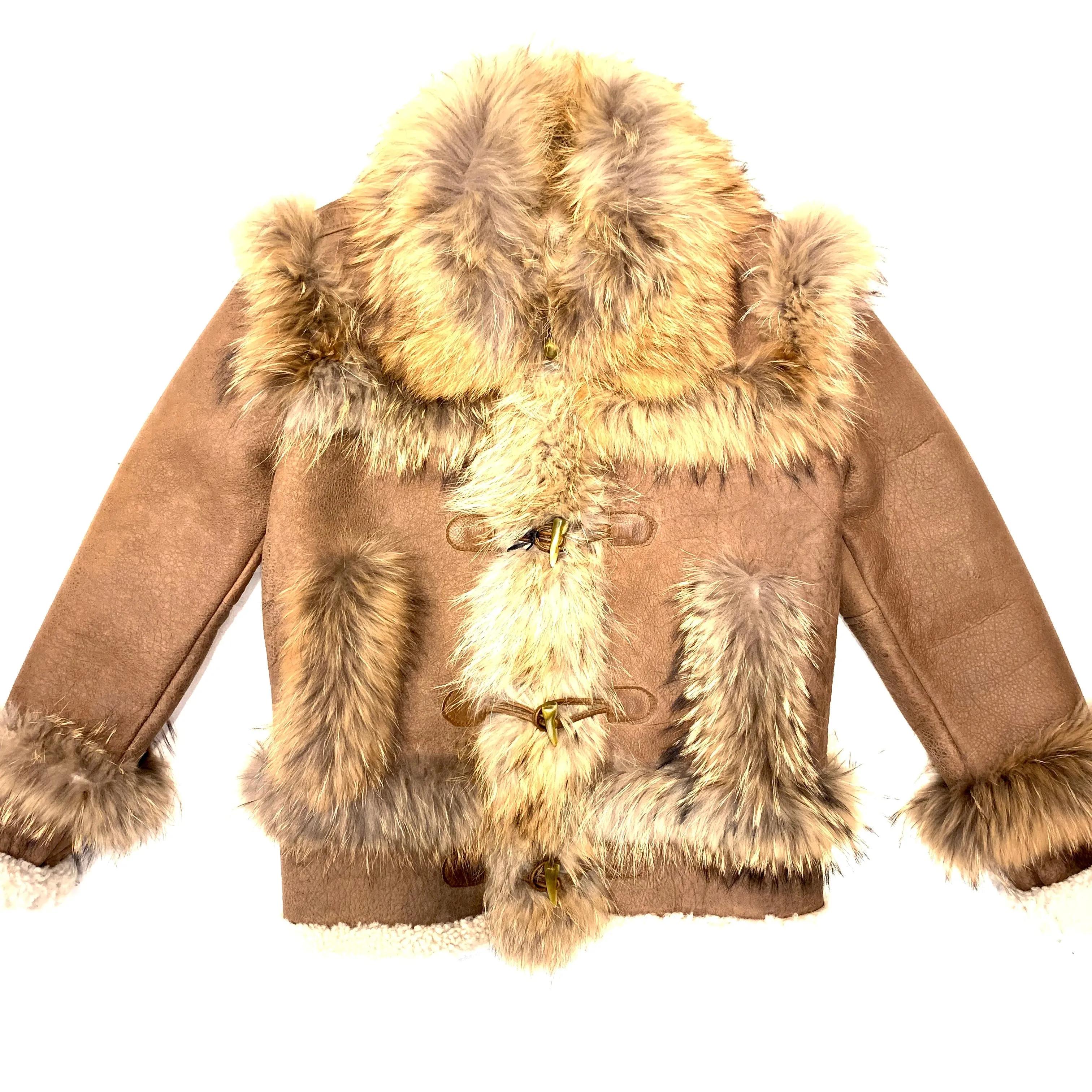 Kashani Cocoa Fluffy Red Fox Lined Shearling Jacket