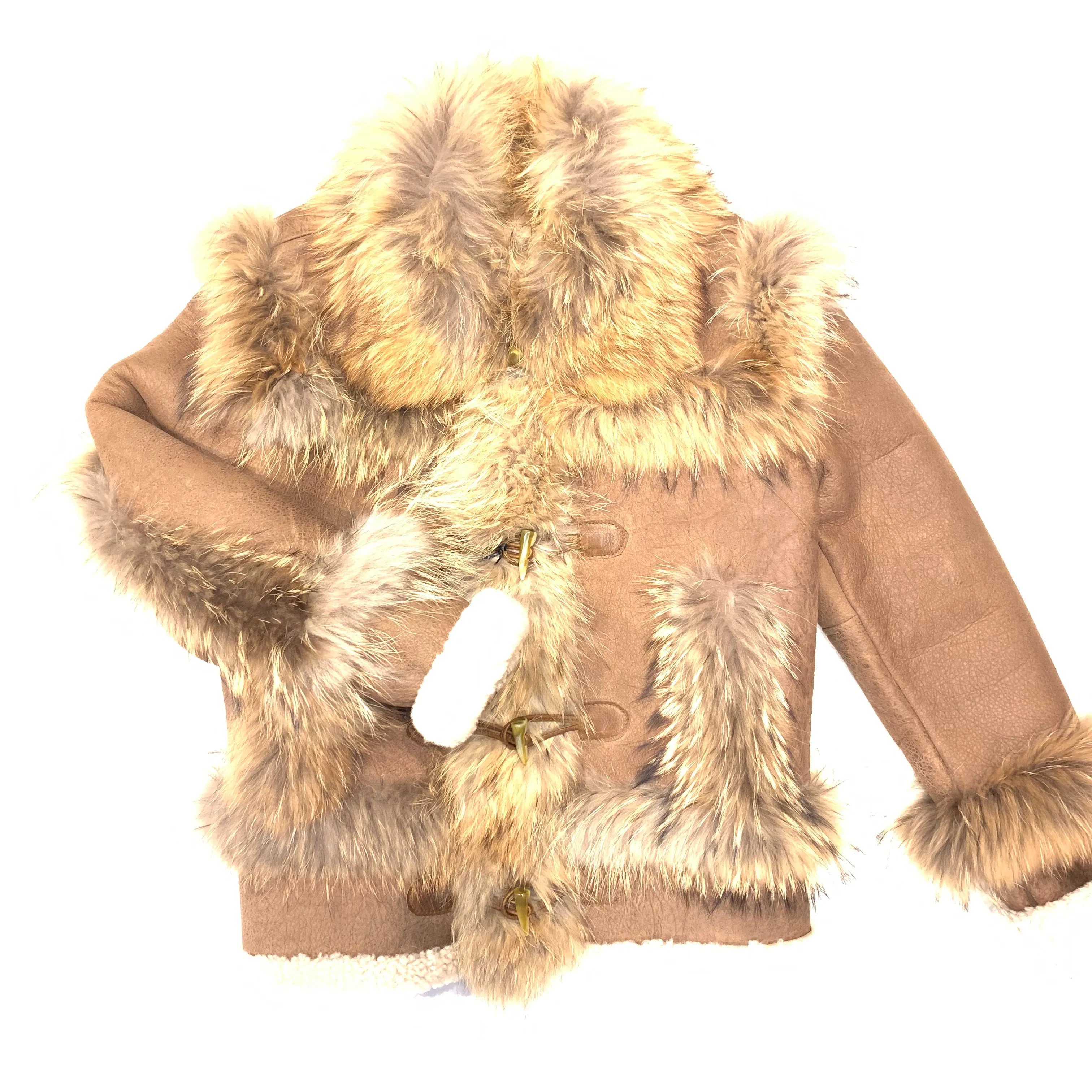 Kashani Cocoa Fluffy Red Fox Lined Shearling Jacket