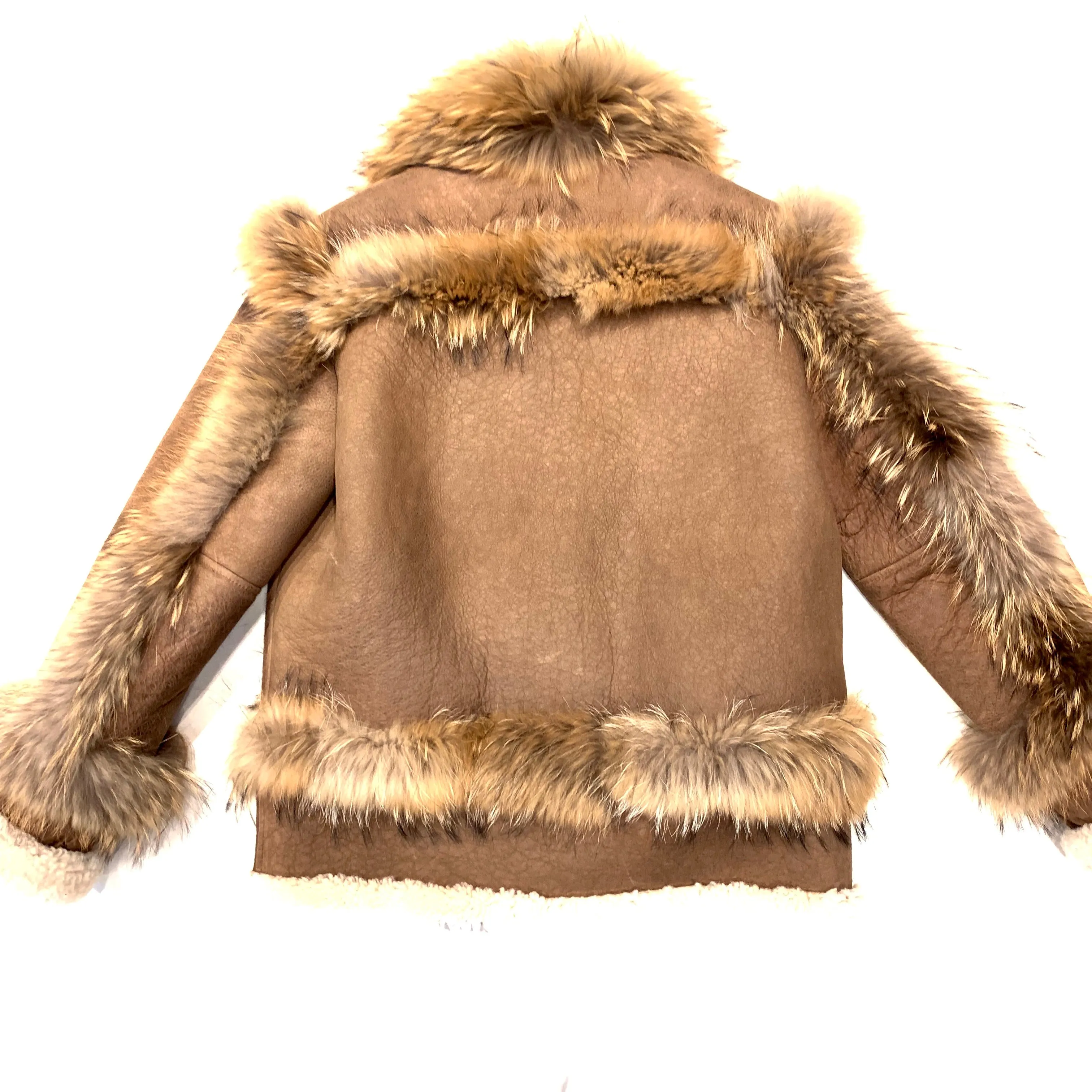 Kashani Cocoa Fluffy Red Fox Lined Shearling Jacket