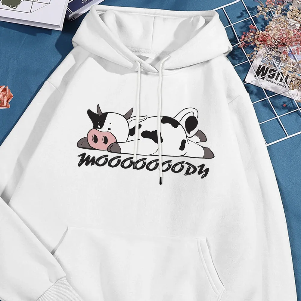 Kawaii Spotted Cow Printing Hoodie Women's Autumn Loose Hoody Casual Fleece Sweatshirt Crewneck Pullover Clothing