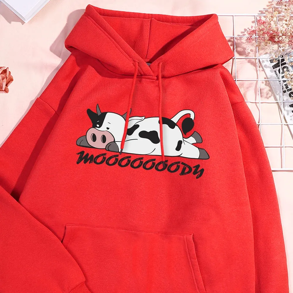 Kawaii Spotted Cow Printing Hoodie Women's Autumn Loose Hoody Casual Fleece Sweatshirt Crewneck Pullover Clothing