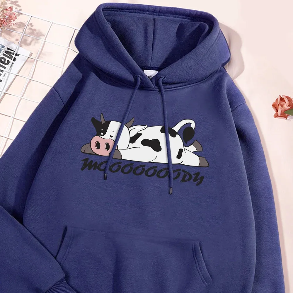 Kawaii Spotted Cow Printing Hoodie Women's Autumn Loose Hoody Casual Fleece Sweatshirt Crewneck Pullover Clothing