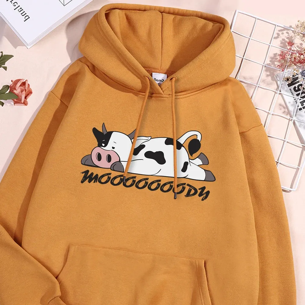 Kawaii Spotted Cow Printing Hoodie Women's Autumn Loose Hoody Casual Fleece Sweatshirt Crewneck Pullover Clothing