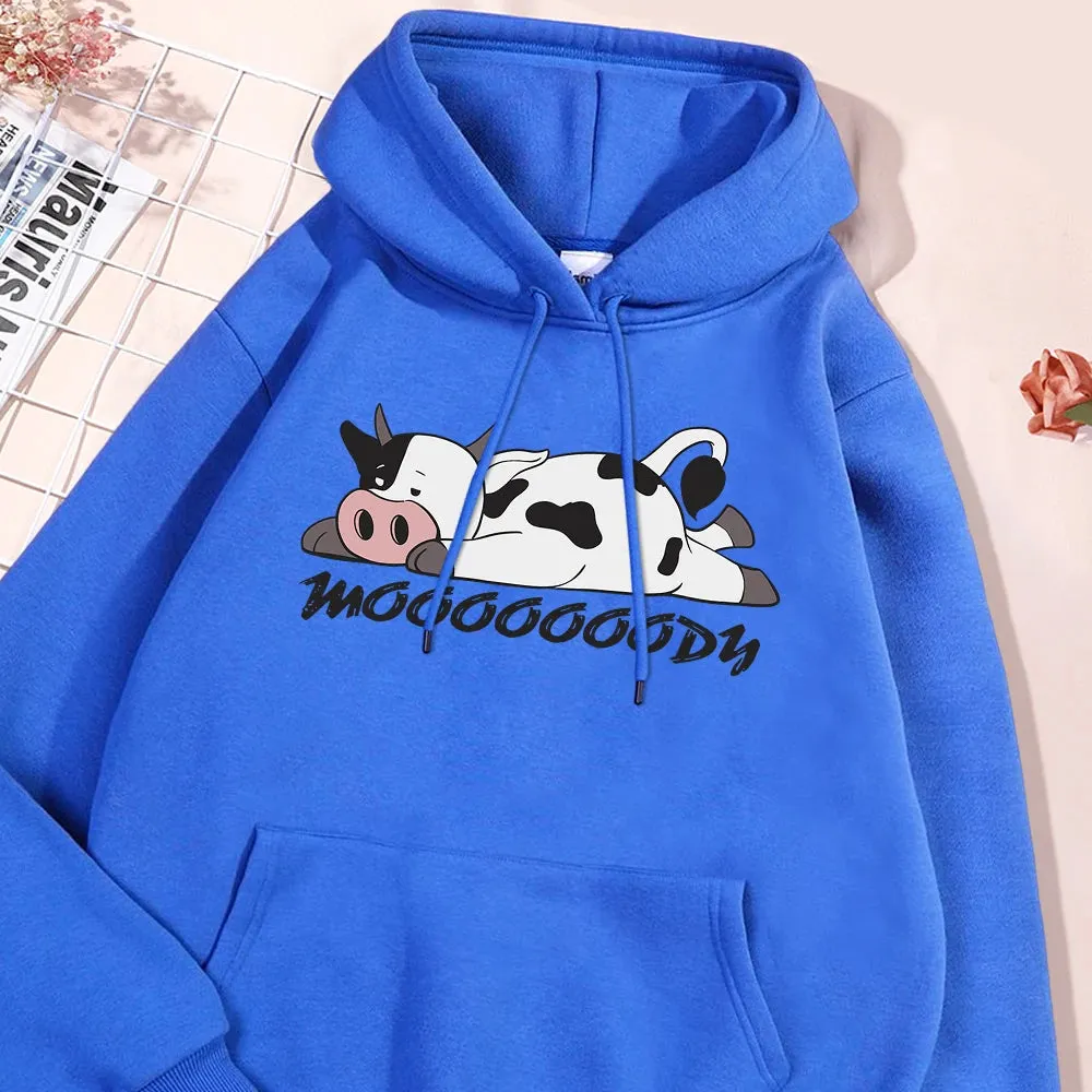 Kawaii Spotted Cow Printing Hoodie Women's Autumn Loose Hoody Casual Fleece Sweatshirt Crewneck Pullover Clothing