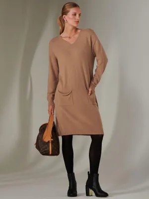 Made in Italy V Neck Knitted Jumper Dress, Tan Brown