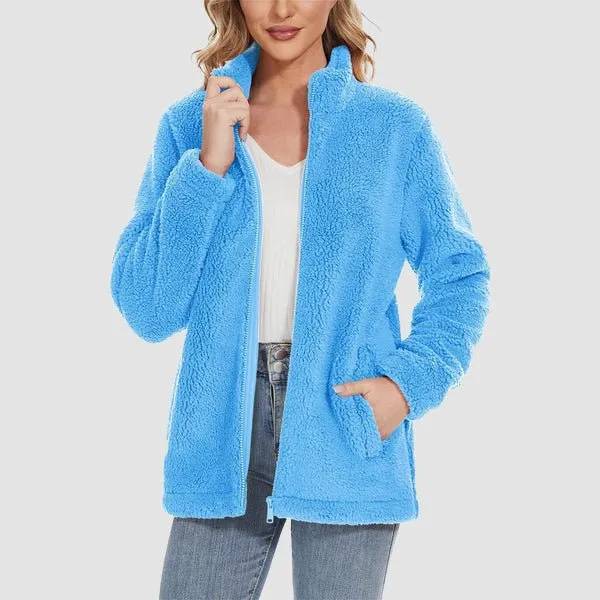 MAGCOMSEN Women's Fuzzy Sherpa Jacket - Full-Zip Warm Fleece Teddy Coat with Zipper Pockets