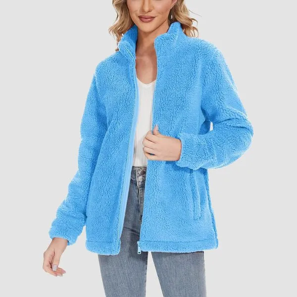 MAGCOMSEN Women's Fuzzy Sherpa Jacket - Full-Zip Warm Fleece Teddy Coat with Zipper Pockets