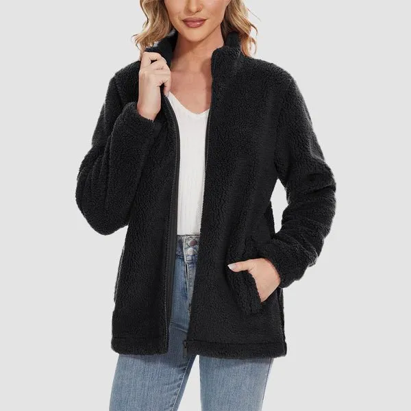 MAGCOMSEN Women's Fuzzy Sherpa Jacket - Full-Zip Warm Fleece Teddy Coat with Zipper Pockets