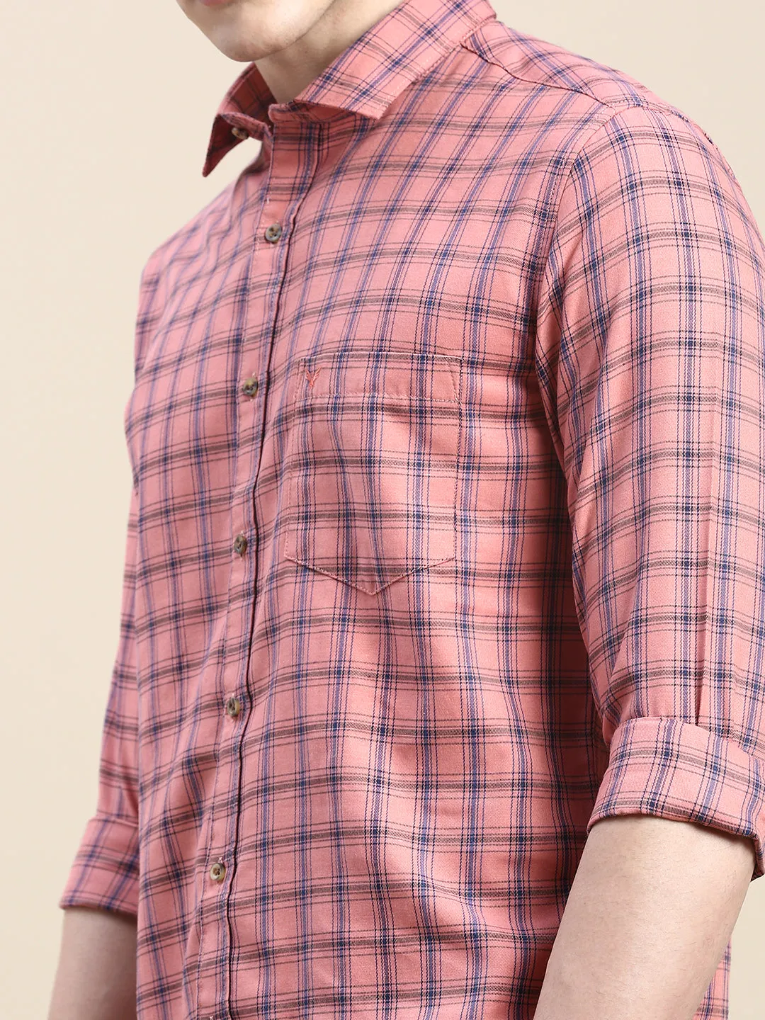 Men Coral Checked Casual Shirt