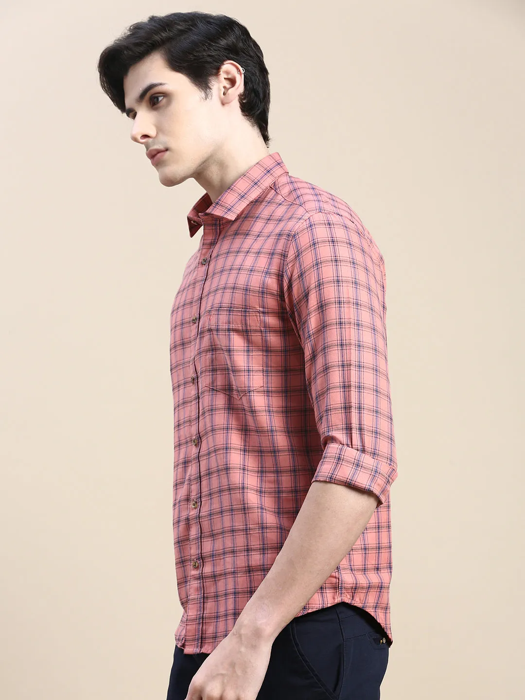 Men Coral Checked Casual Shirt