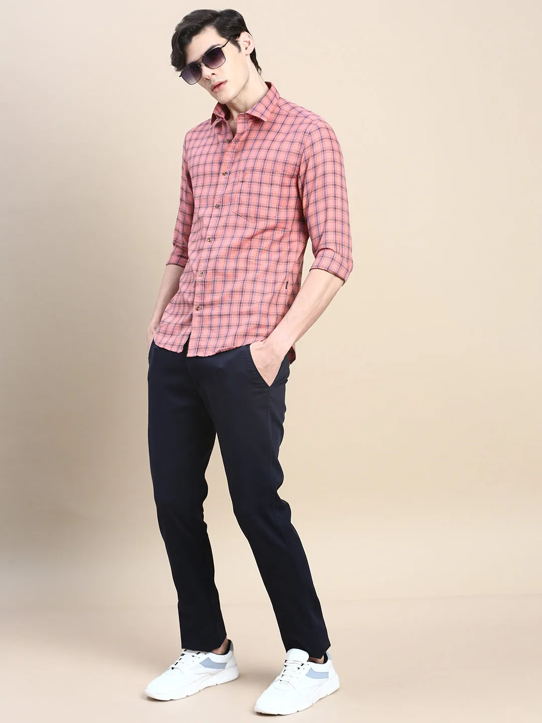 Men Coral Checked Casual Shirt