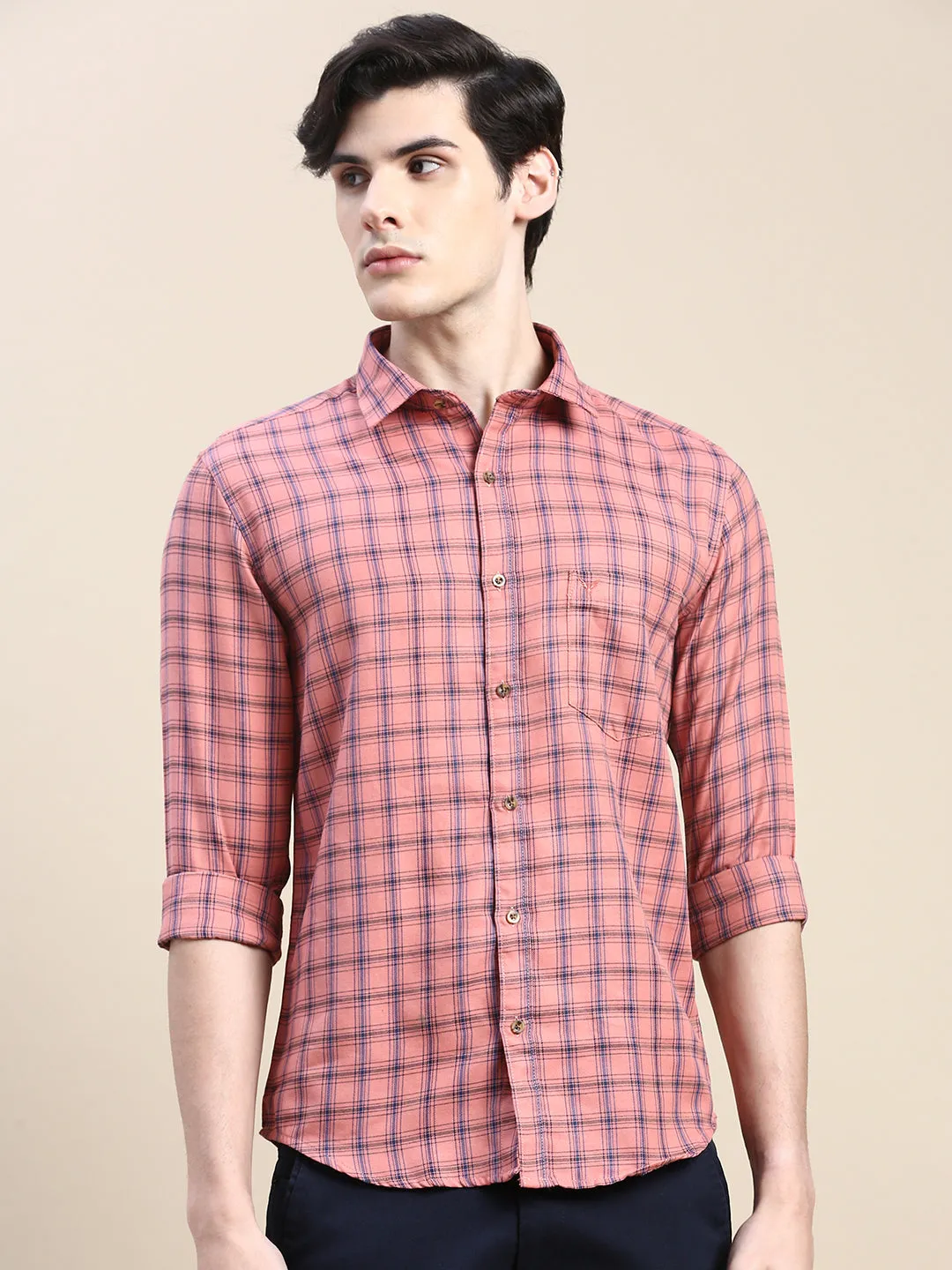 Men Coral Checked Casual Shirt