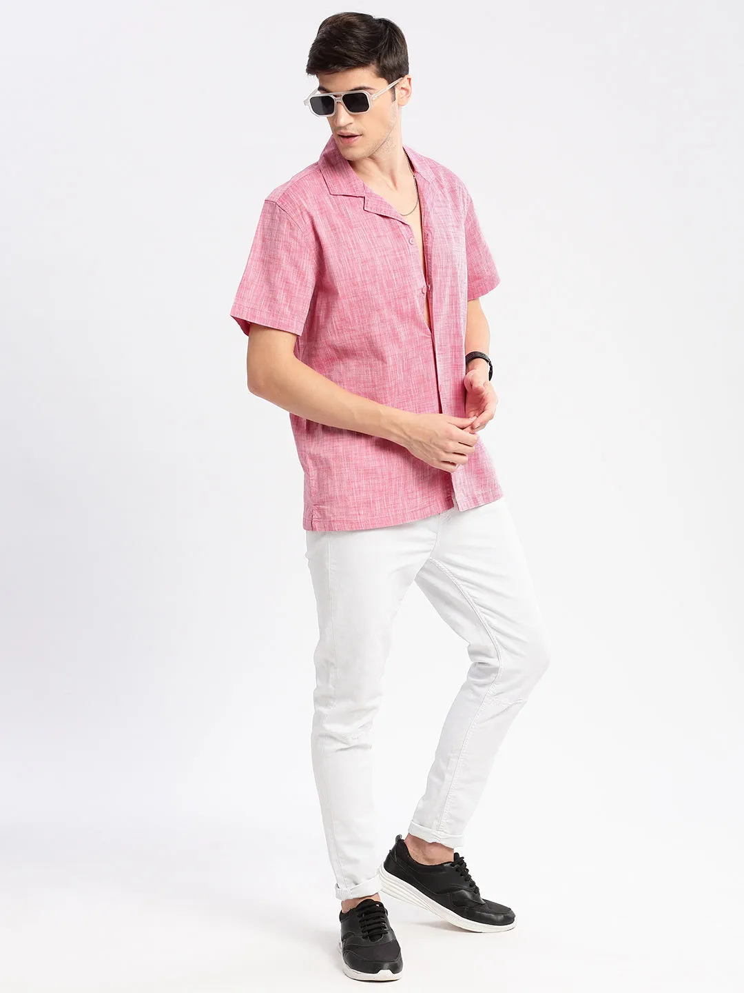 Men Cuban Collar Solid Pink Casual Shirt