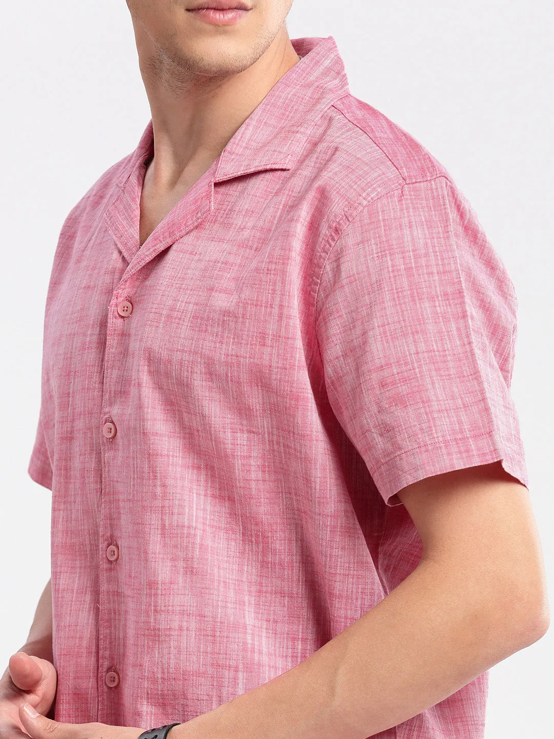 Men Cuban Collar Solid Pink Casual Shirt