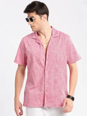 Men Cuban Collar Solid Pink Casual Shirt