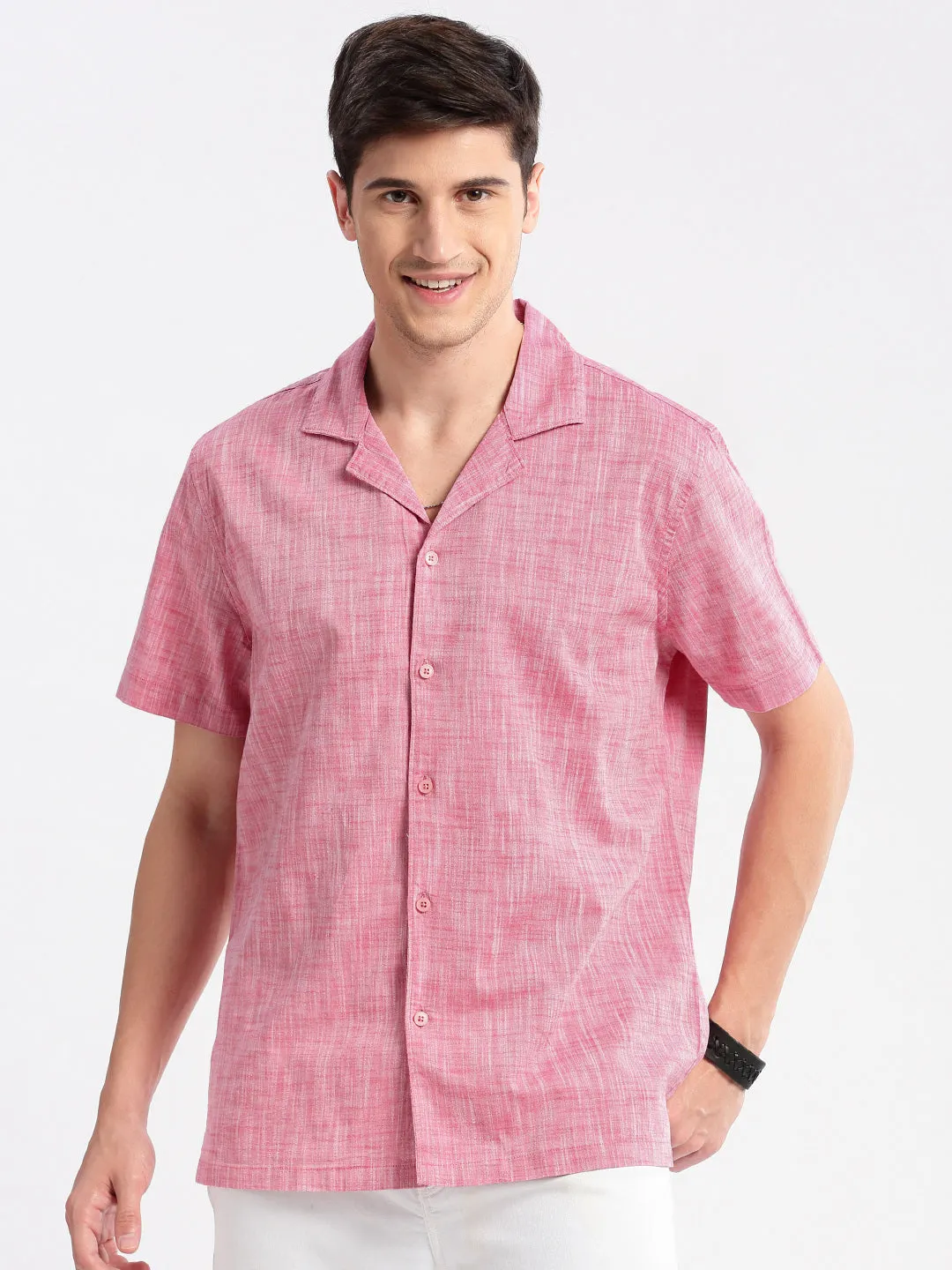 Men Cuban Collar Solid Pink Casual Shirt