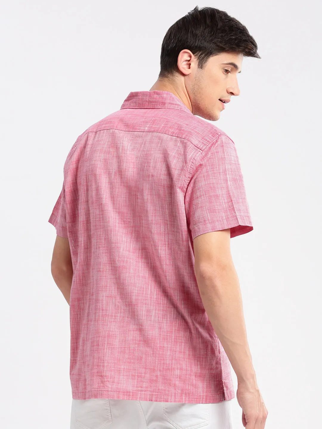 Men Cuban Collar Solid Pink Casual Shirt