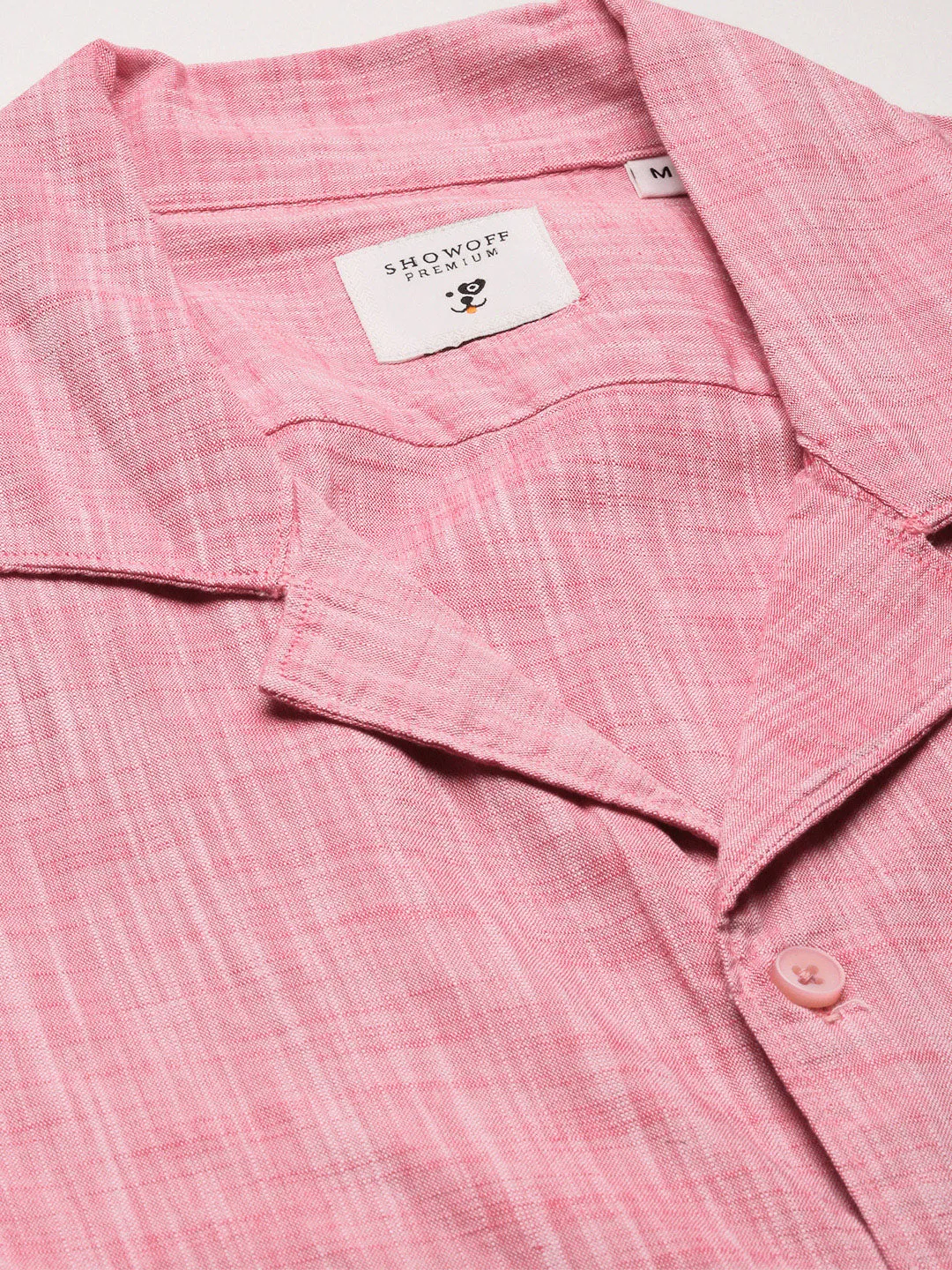 Men Cuban Collar Solid Pink Casual Shirt