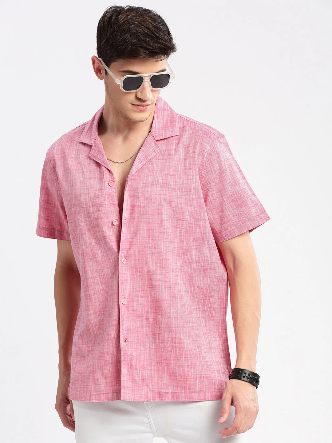 Men Cuban Collar Solid Pink Casual Shirt