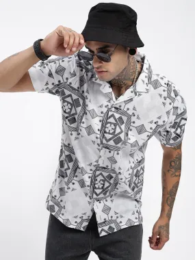 Men Geometric White Relaxed Fit Shirt