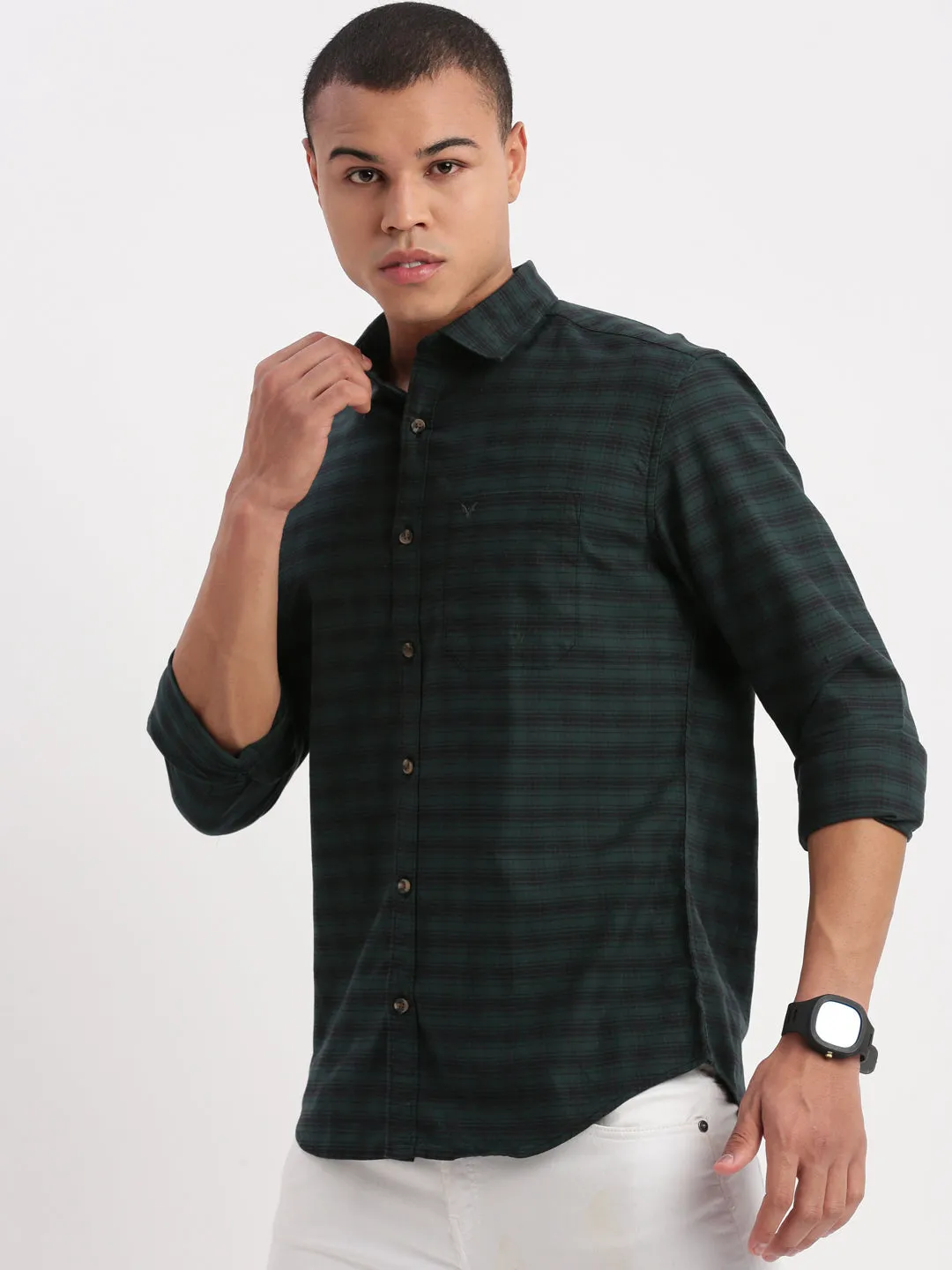 Men Gingham Checks Green Shirt