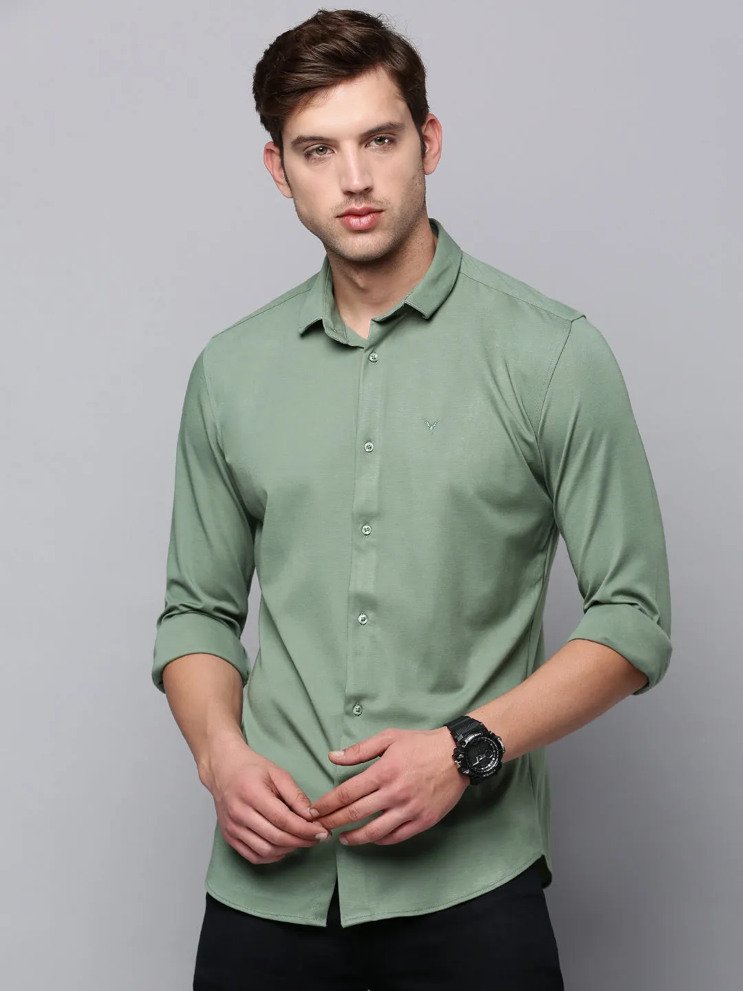 Men Green Solid Casual Shirt