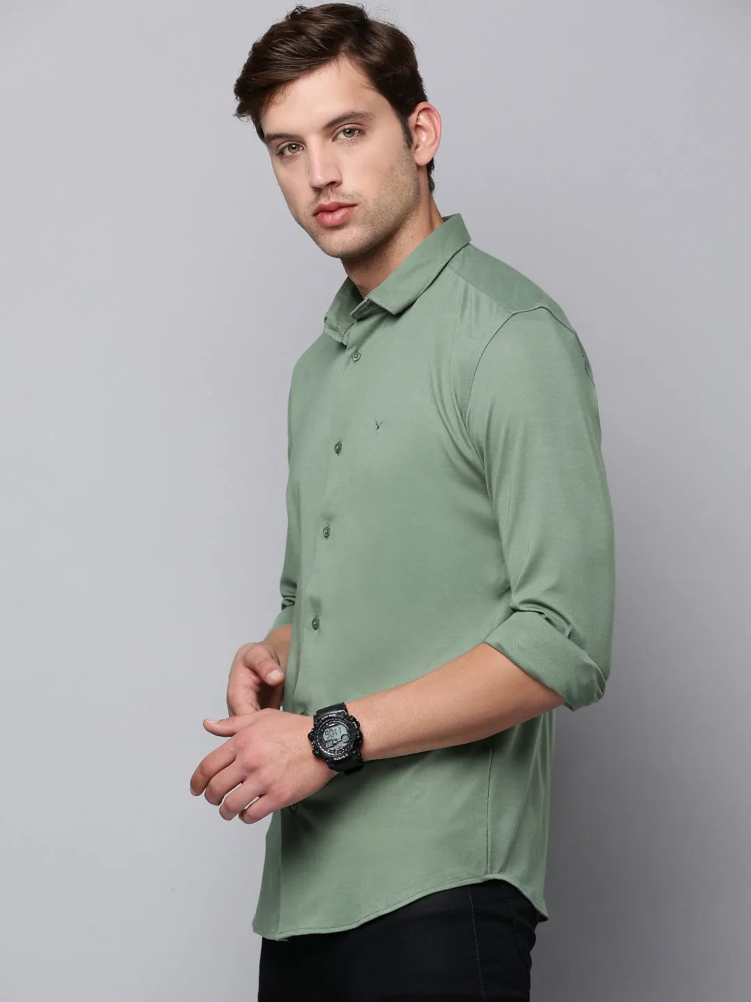 Men Green Solid Casual Shirt