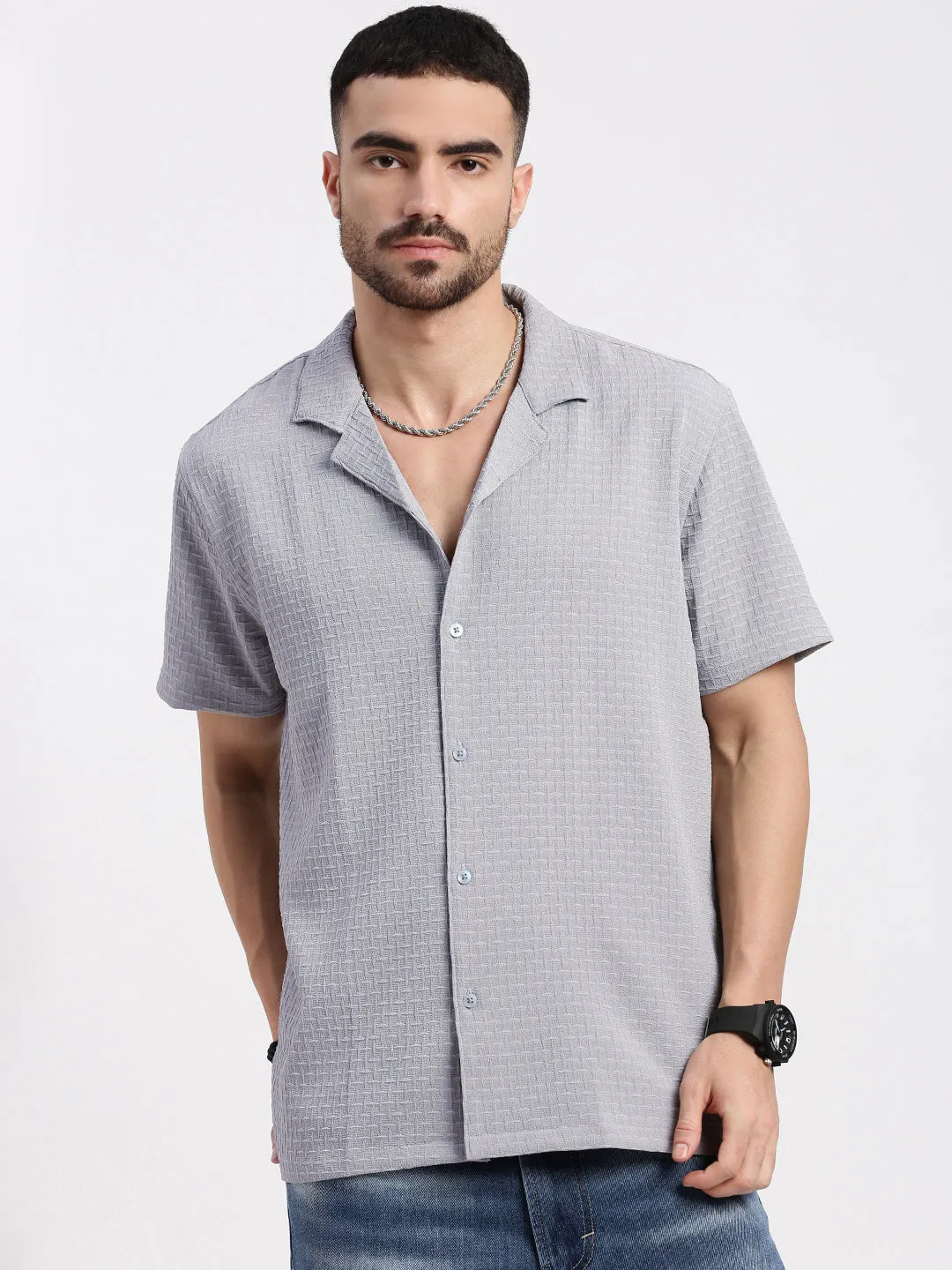 Men Grey Cuban Collar Solid Shirt