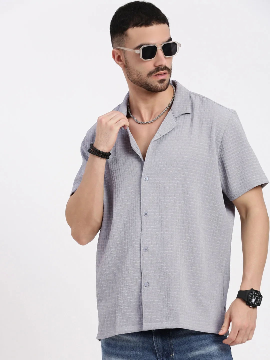 Men Grey Cuban Collar Solid Shirt