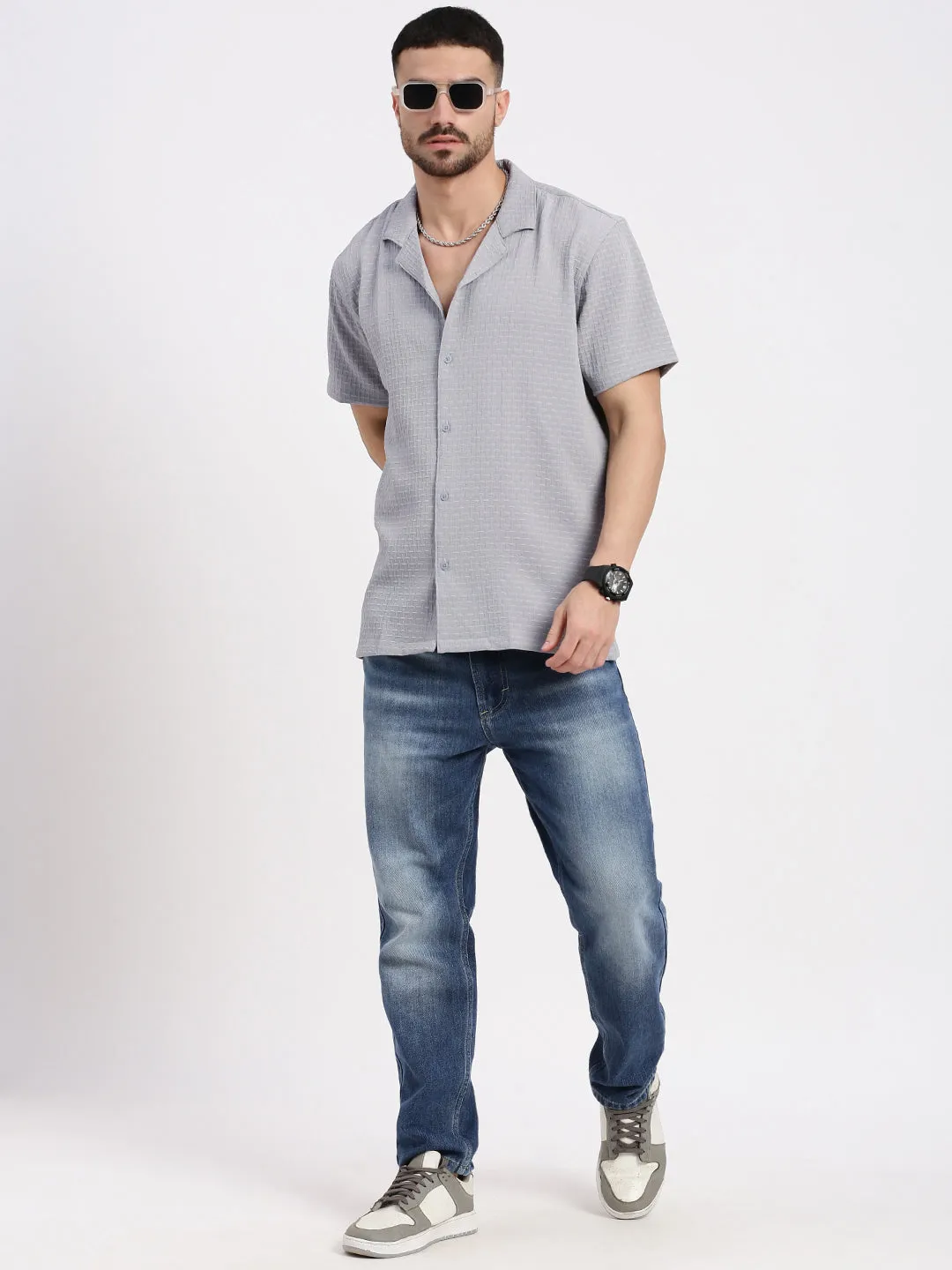 Men Grey Cuban Collar Solid Shirt