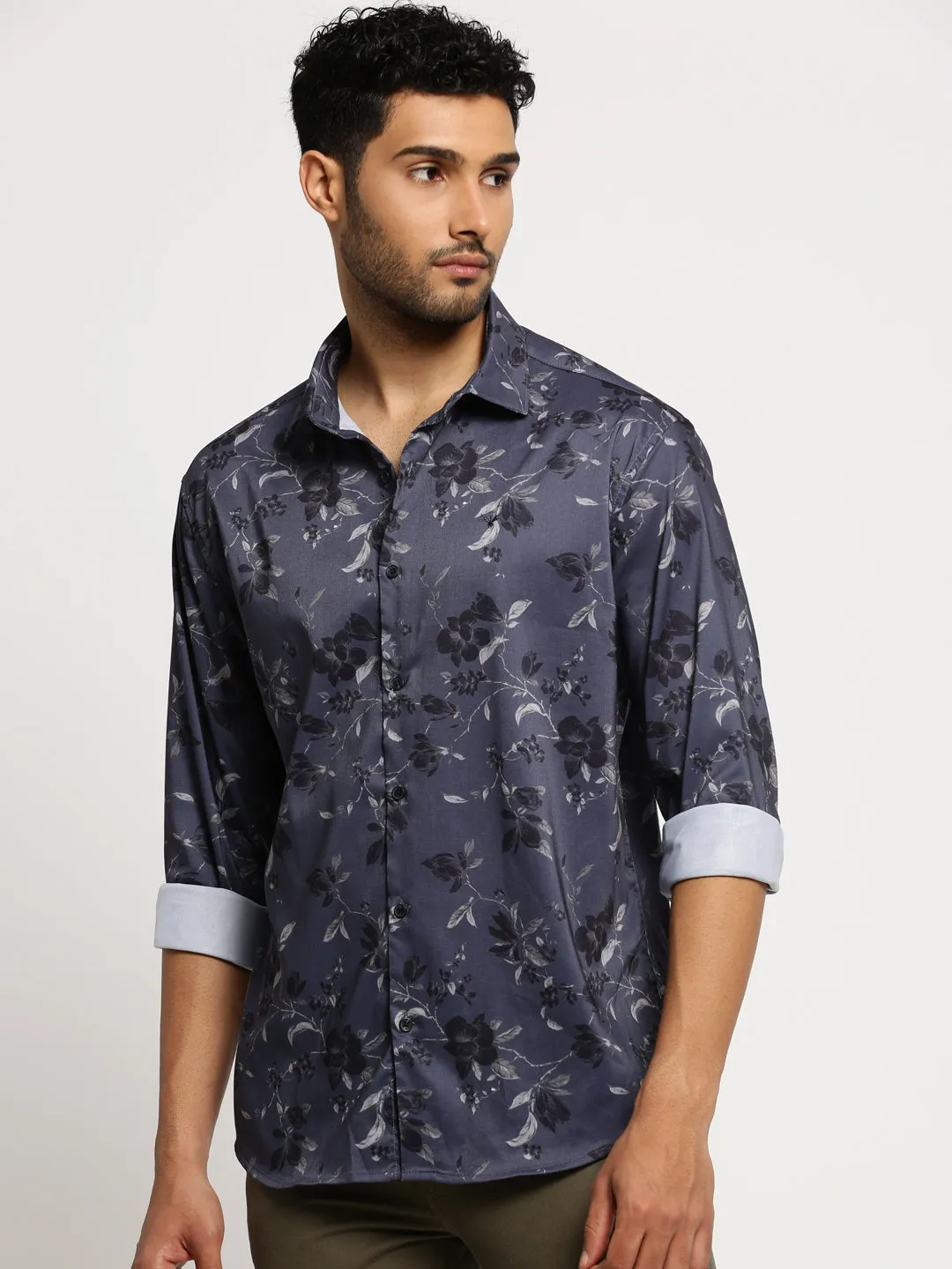 Men Grey Spread Collar Floral Shirt