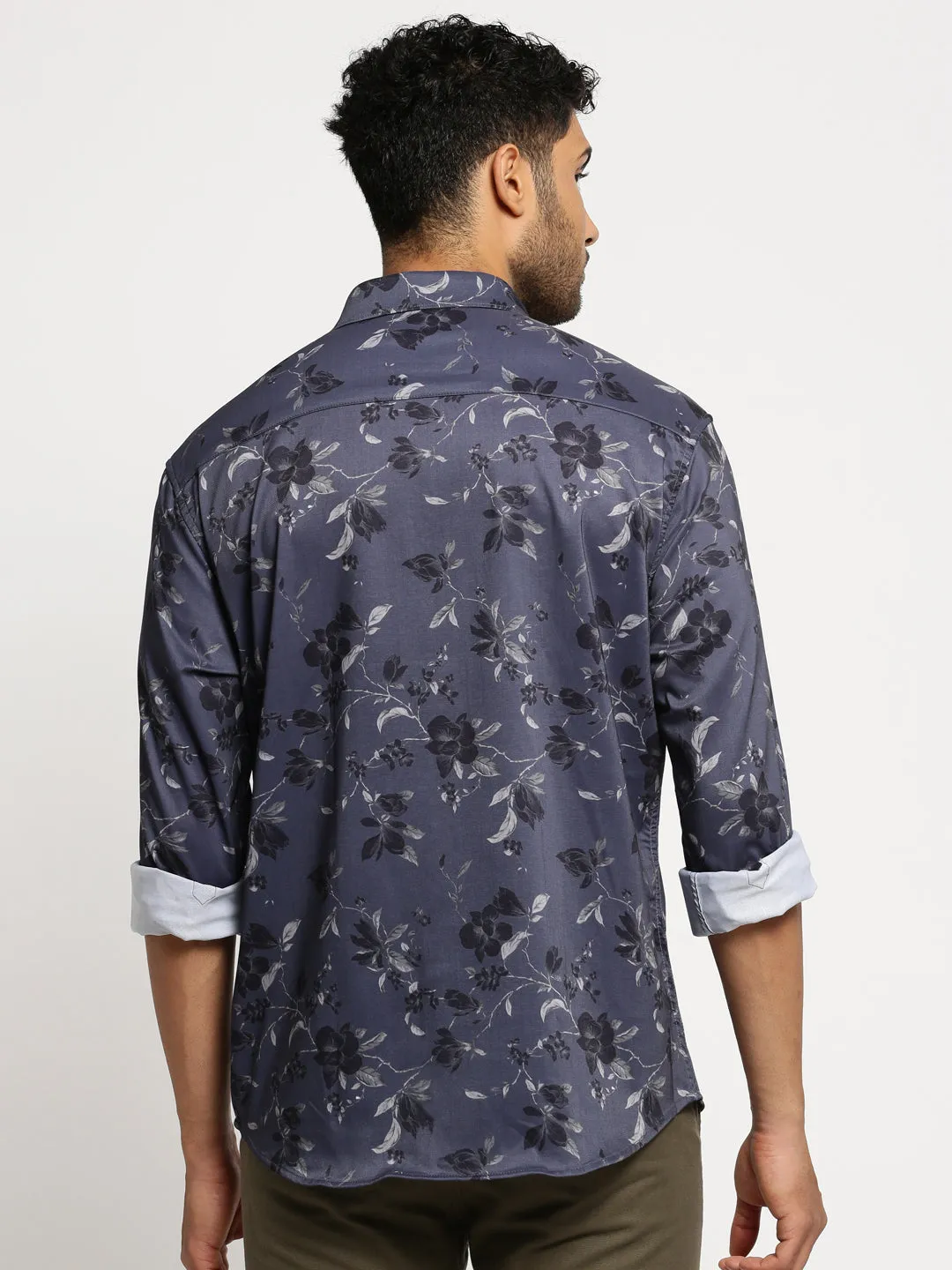 Men Grey Spread Collar Floral Shirt