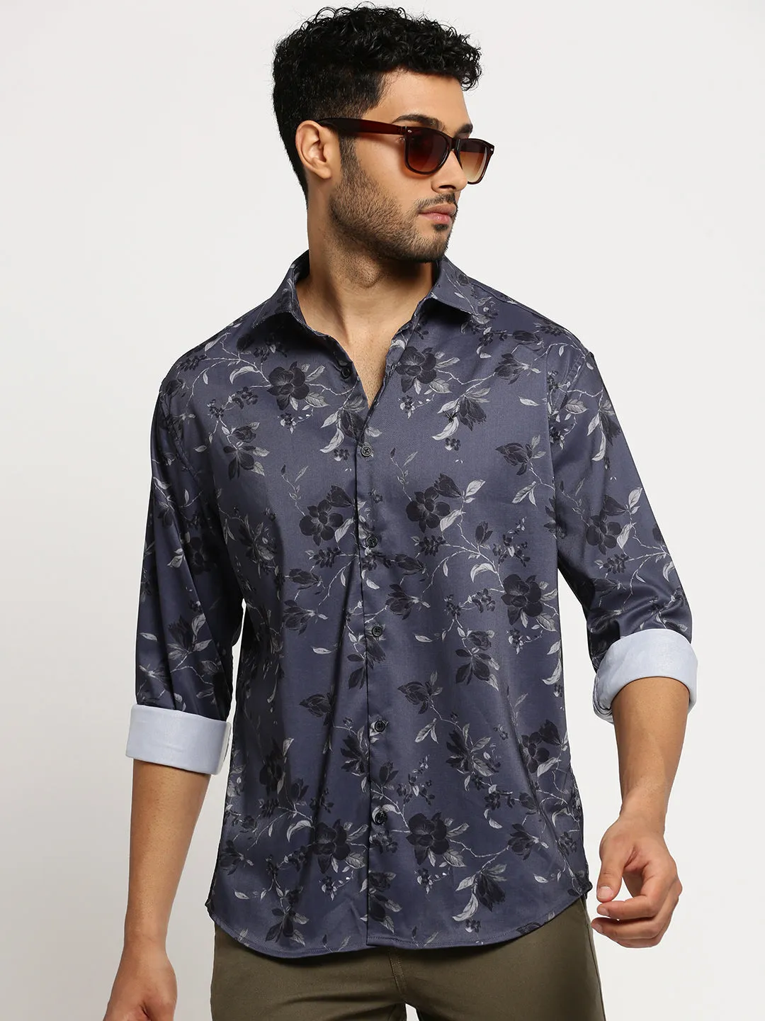 Men Grey Spread Collar Floral Shirt