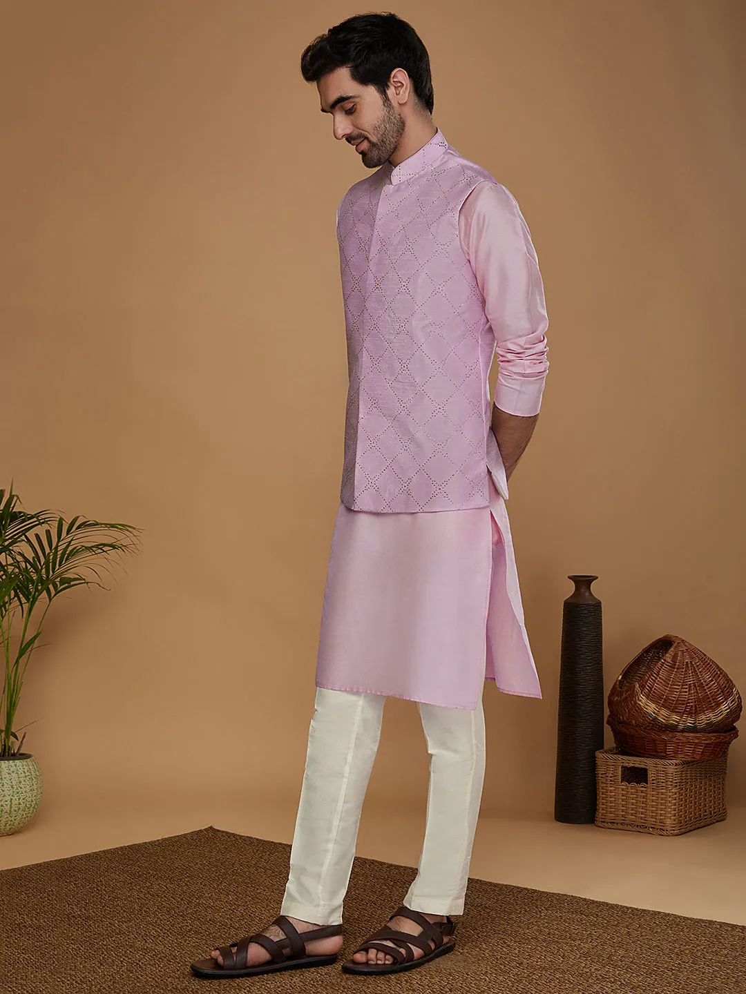 Men Lavender Kurta Jacket Trouser Set