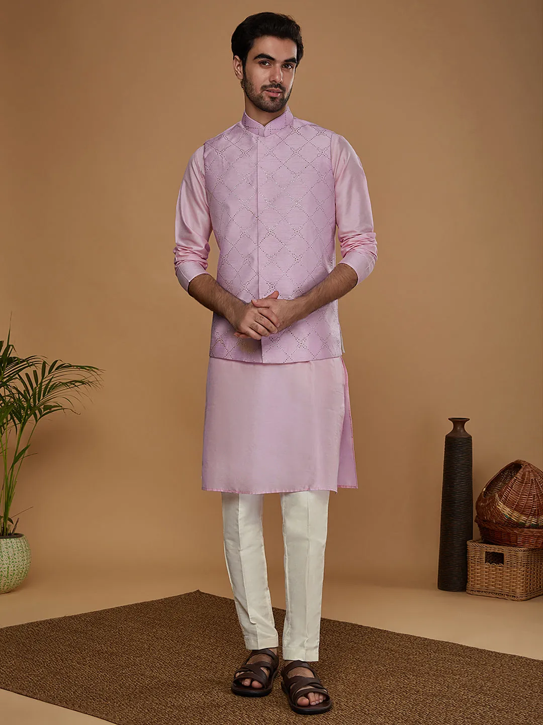 Men Lavender Kurta Jacket Trouser Set