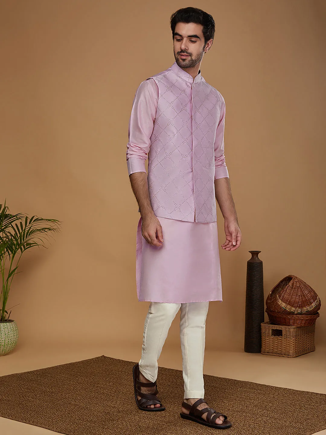 Men Lavender Kurta Jacket Trouser Set