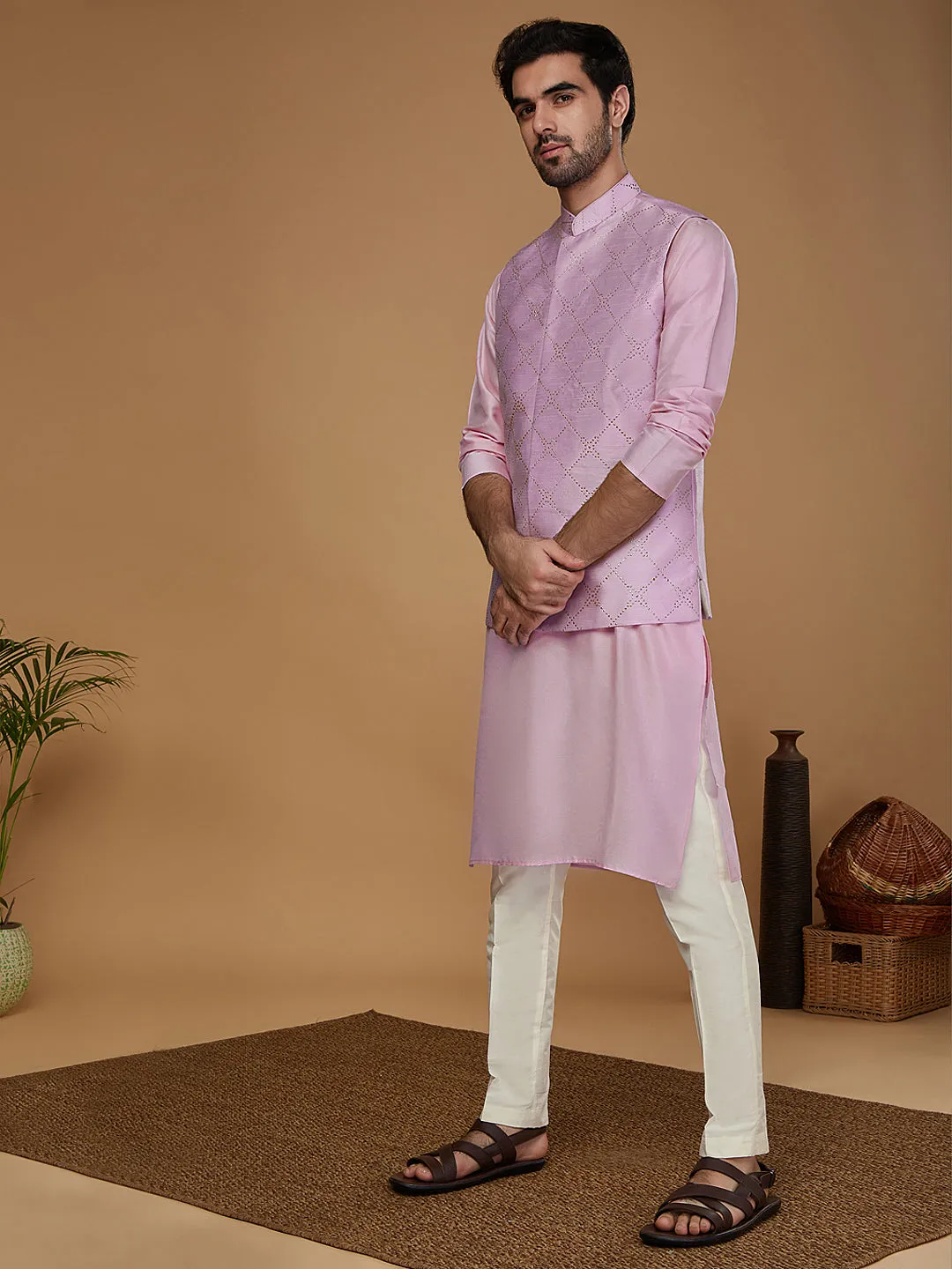 Men Lavender Kurta Jacket Trouser Set