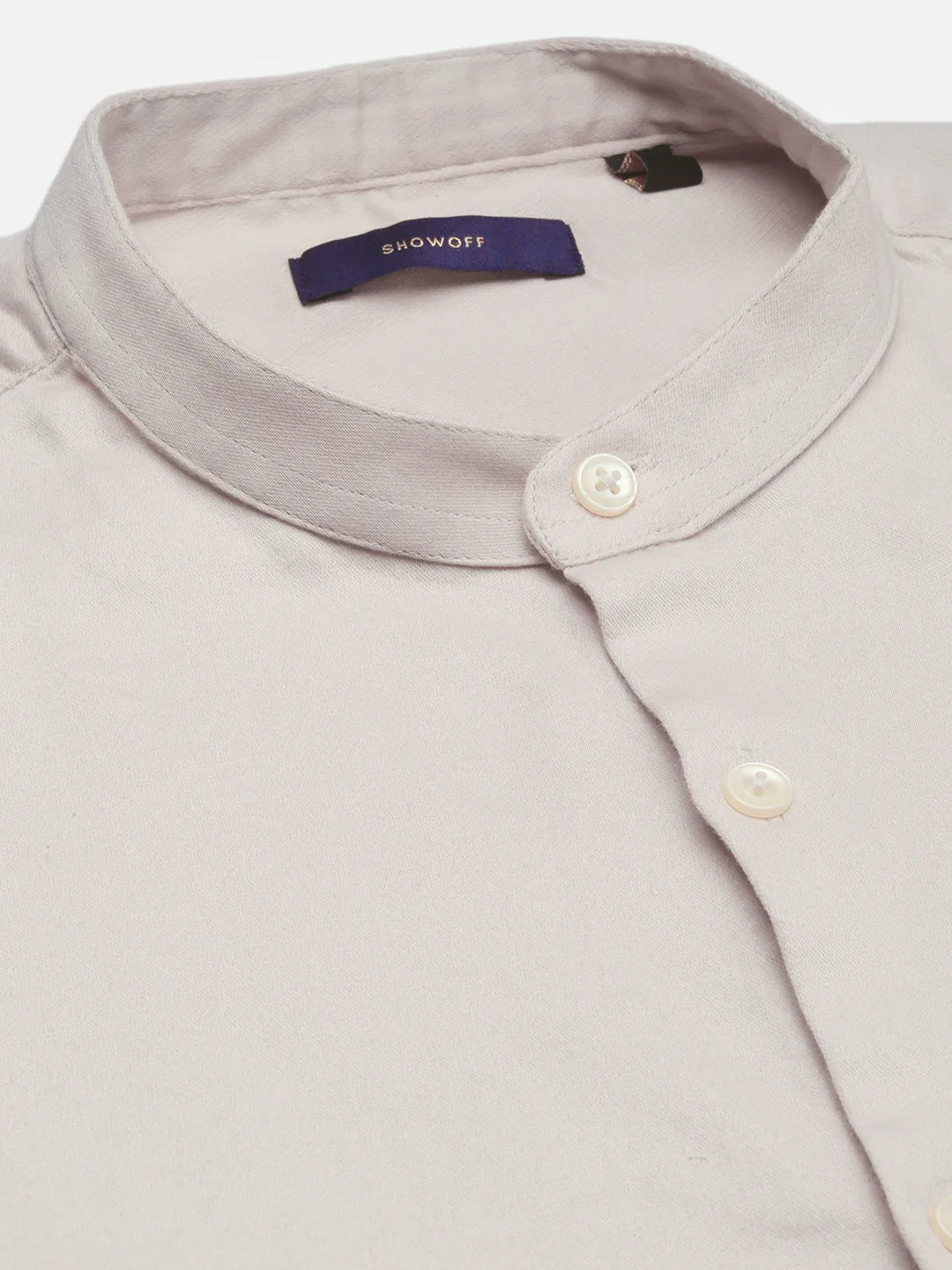 Men Mandarin Collar Solid Beige Slim Fit Shirt