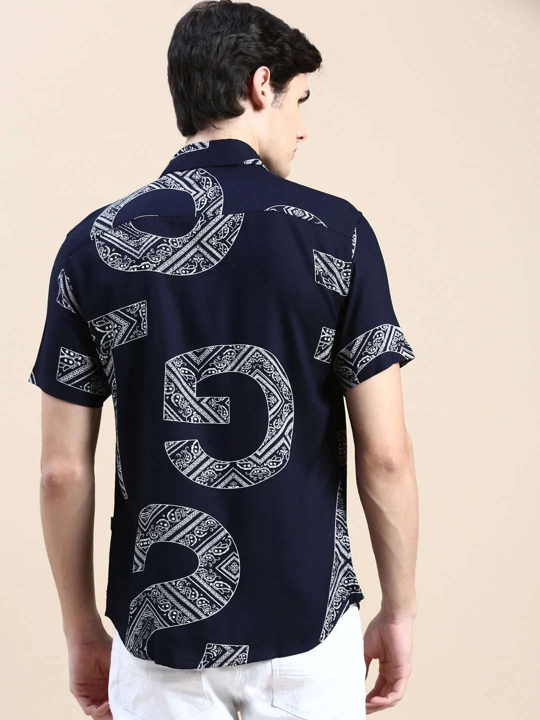 Men Navy Typographic Casual Shirt