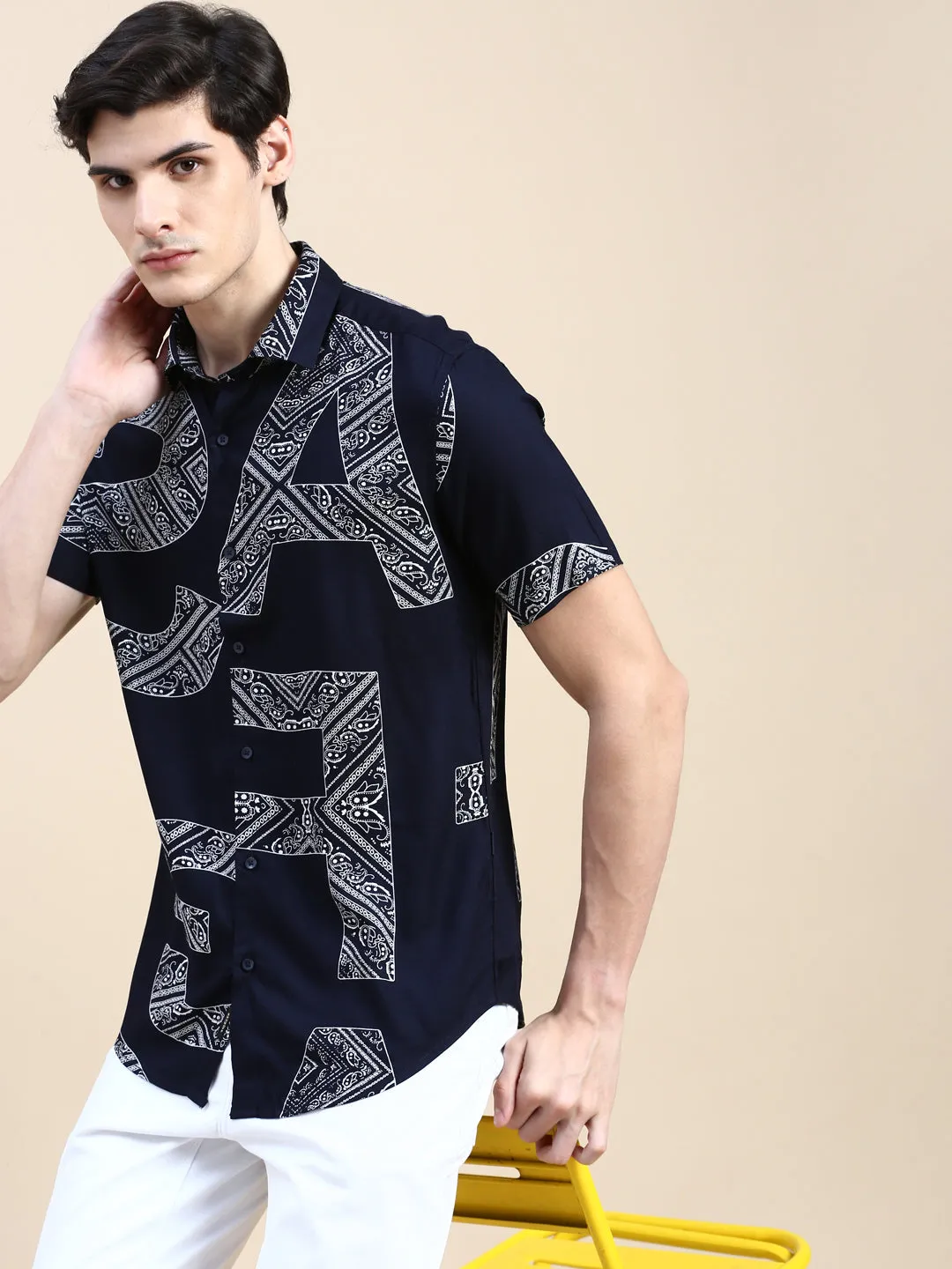 Men Navy Typographic Casual Shirt