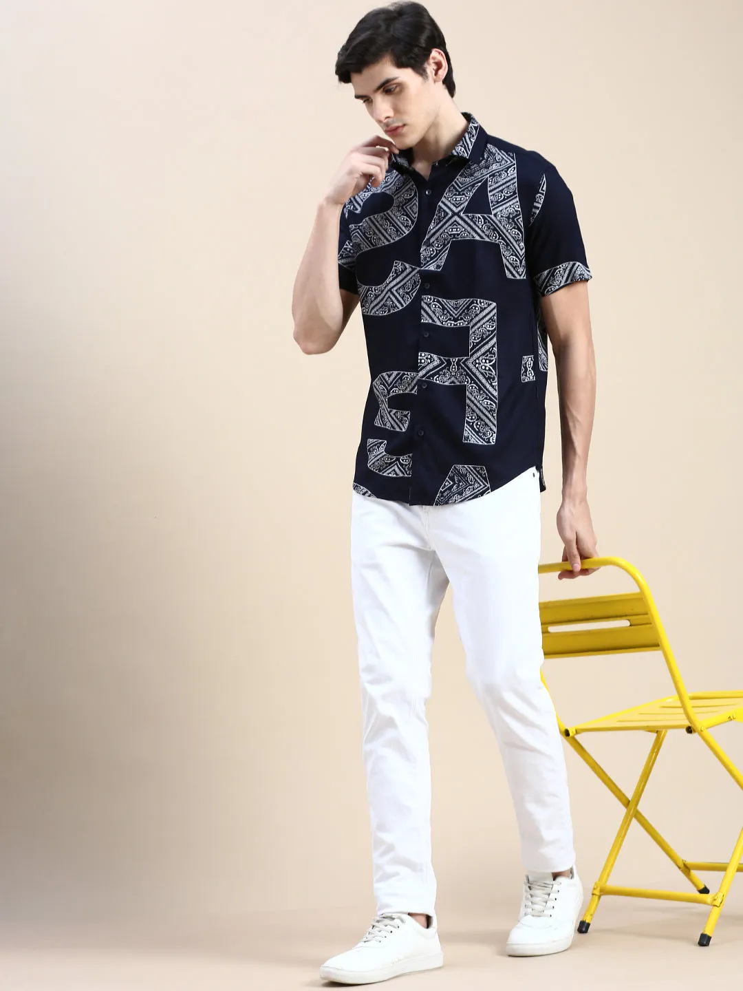 Men Navy Typographic Casual Shirt