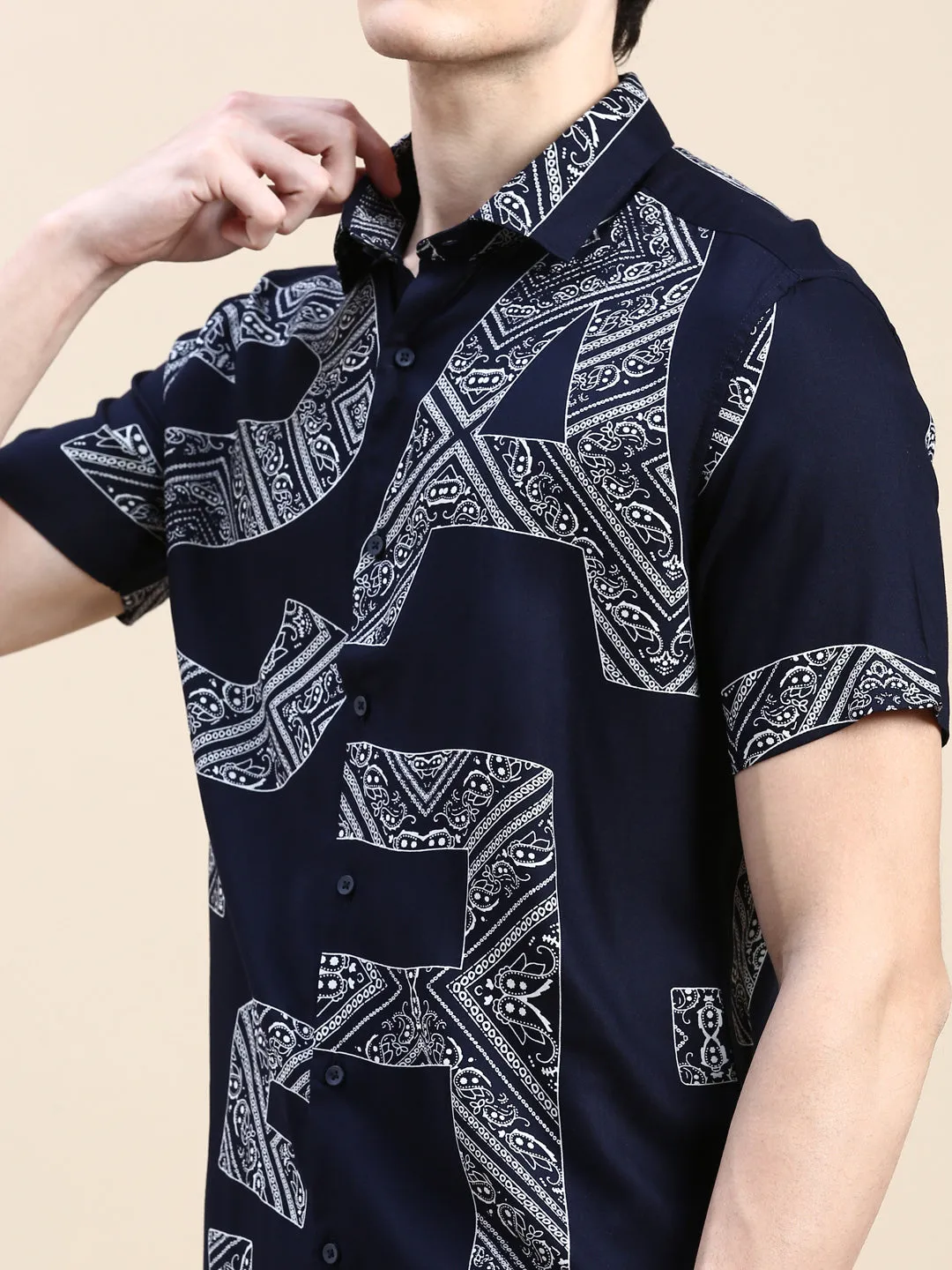 Men Navy Typographic Casual Shirt