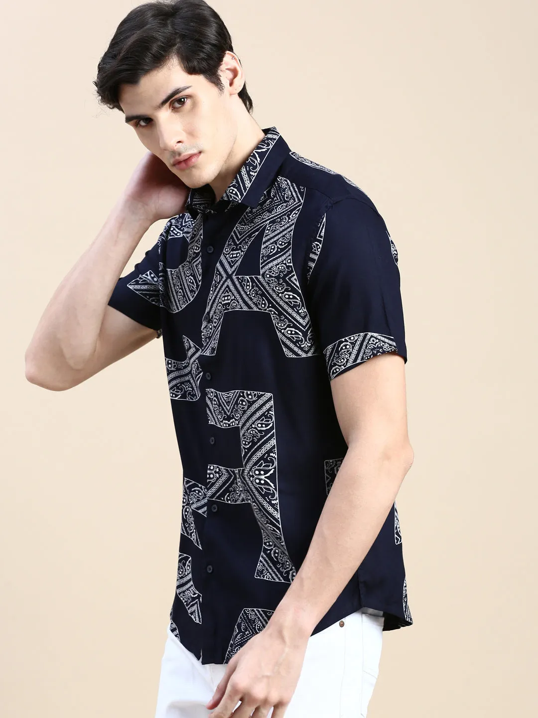 Men Navy Typographic Casual Shirt