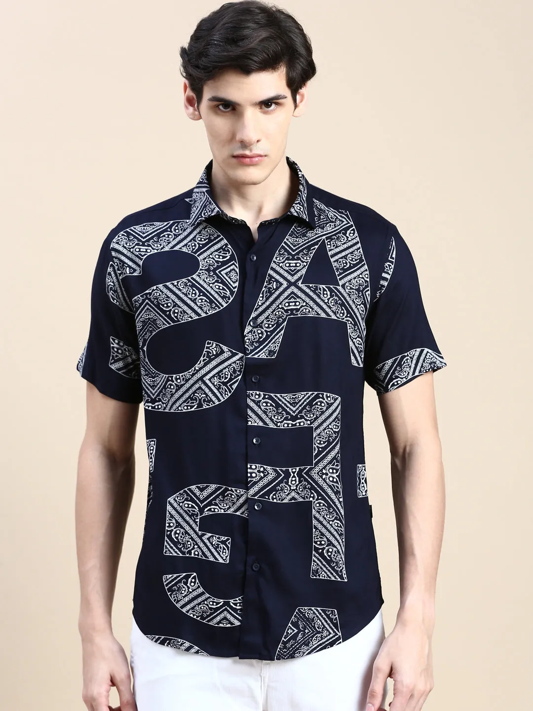 Men Navy Typographic Casual Shirt