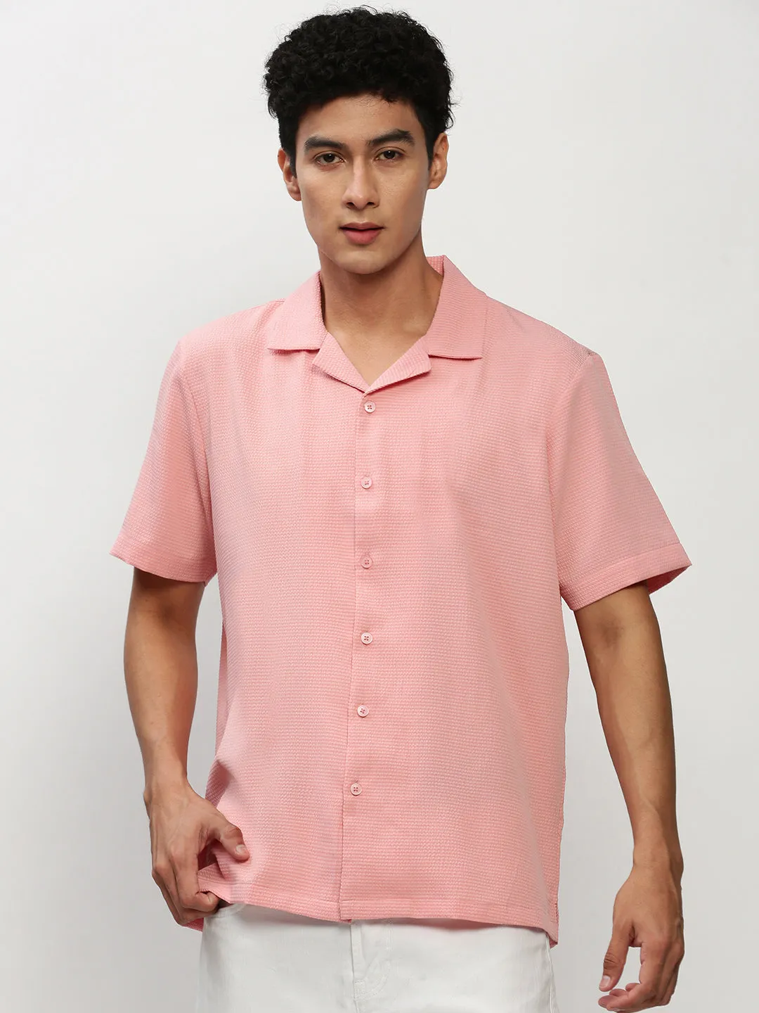 Men Peach Solid Casual Casual Shirts