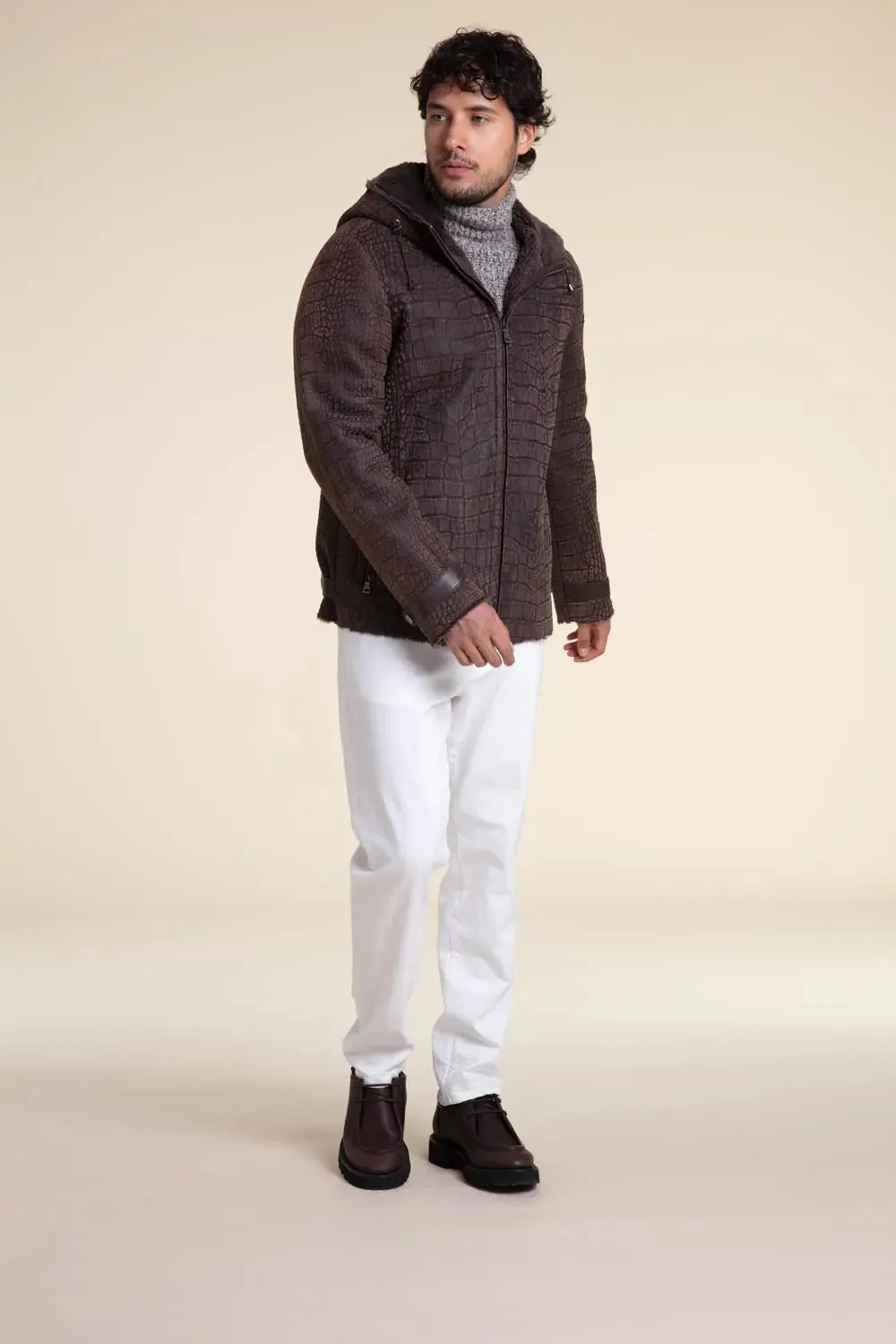 Men sheepskin jacket with hood