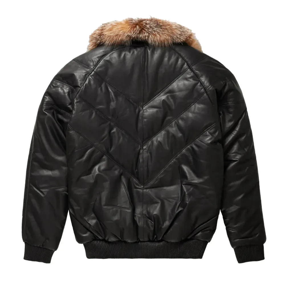 Mens Black Leather V Bomber Jacket