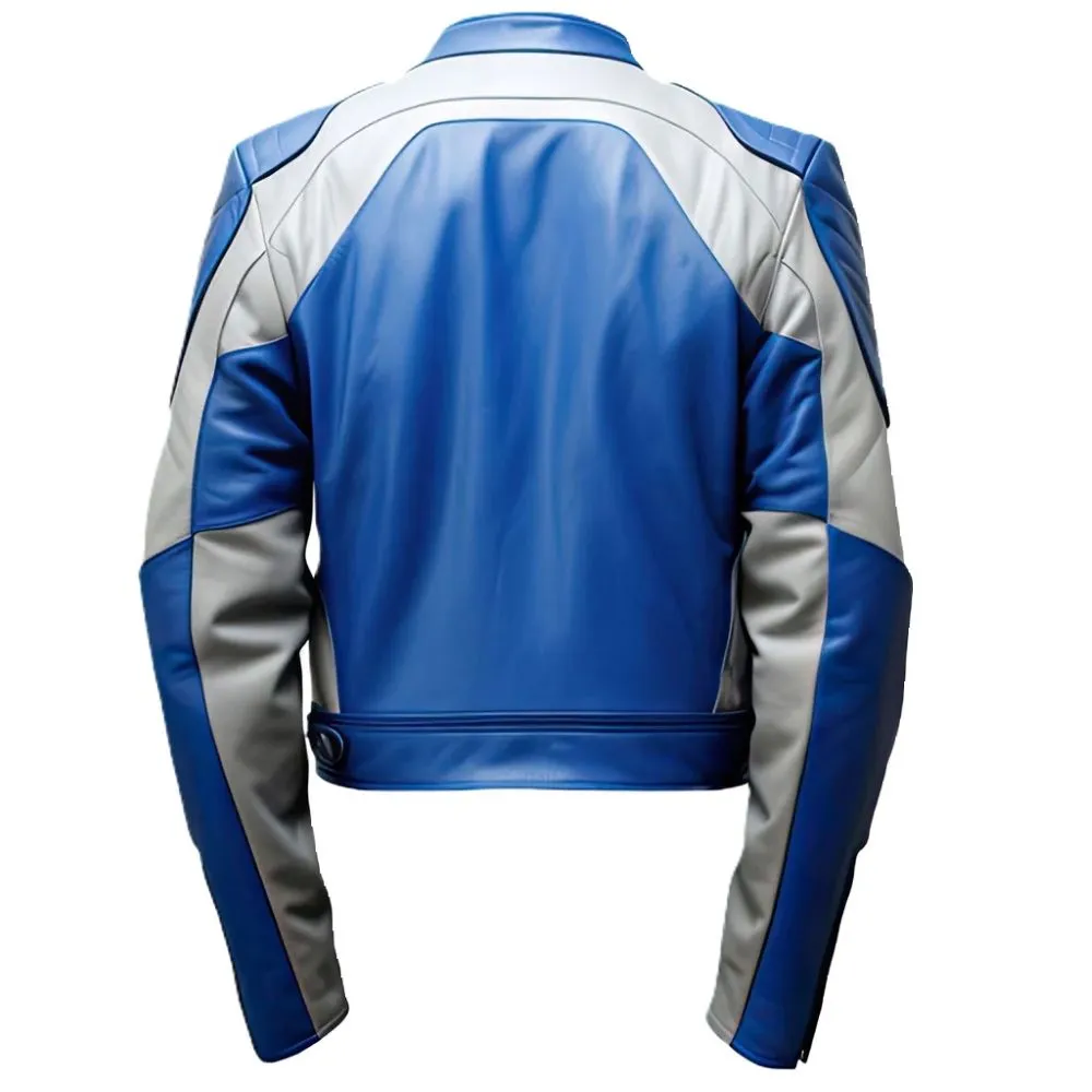 Men’s Blue-White Biker Cafe Racer Genuine Sheepskin Leather Jacket